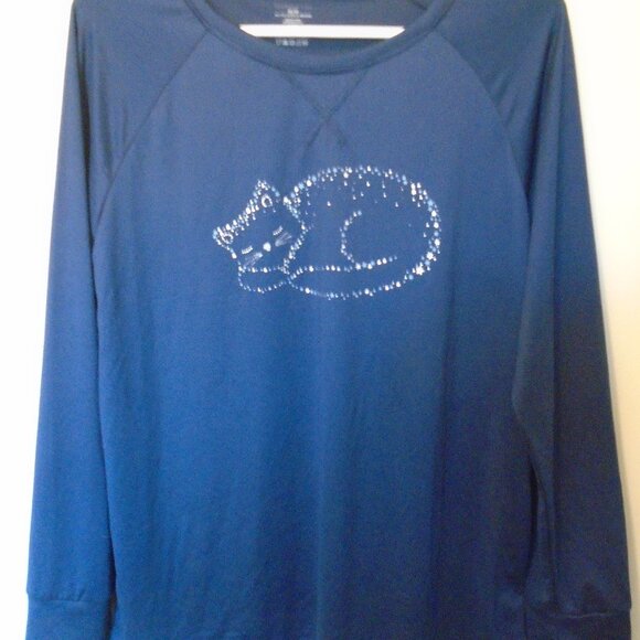 NAVY BLUE CARISMA LONG SLEEVE PULLOVER PAJAMA TOP SIZE MEDIUM WITH CAT DESIGN - Picture 1 of 3